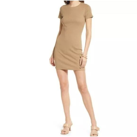Open Edit Short Sleeve Ribbed Bodycon Dress Tan Women's Size XXS - Picture 1 of 7